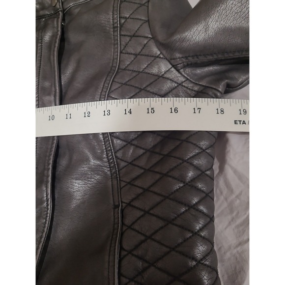 Mo-Ka Women SZ S dk Grey faux Leather Moto jacket Biker quilted hooded goth punk - Picture 9 of 12